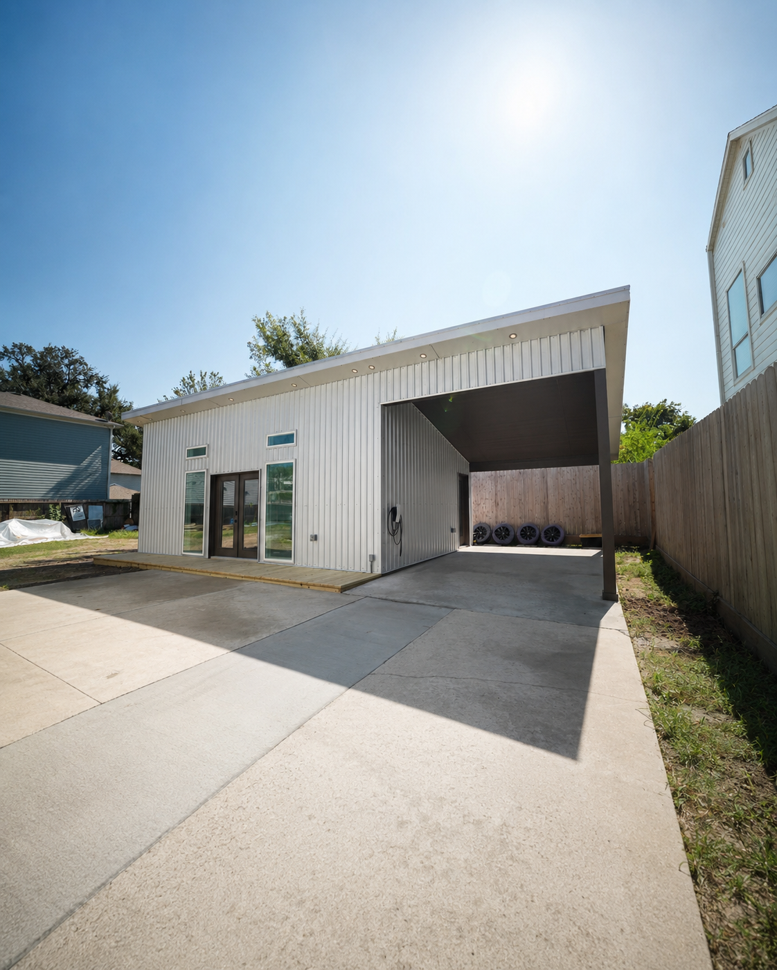 Exterior of The Zoltan Project backyard ADU with carport
